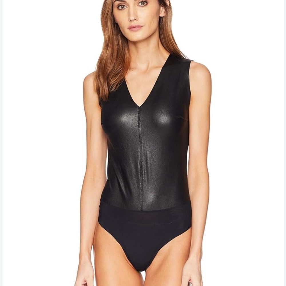 Commando Faux Leather Black V-Neck Bodysuit S